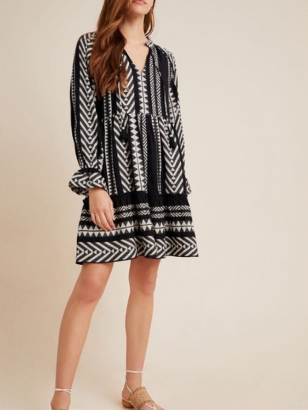 Anthropologie Maeve Dominique Tunic Dress Black & White Tribal Size Medium
